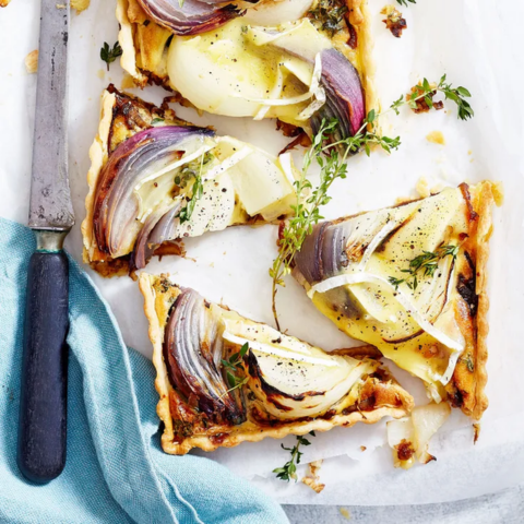 Sticky caramelised onion and mt domett double cream brie tart