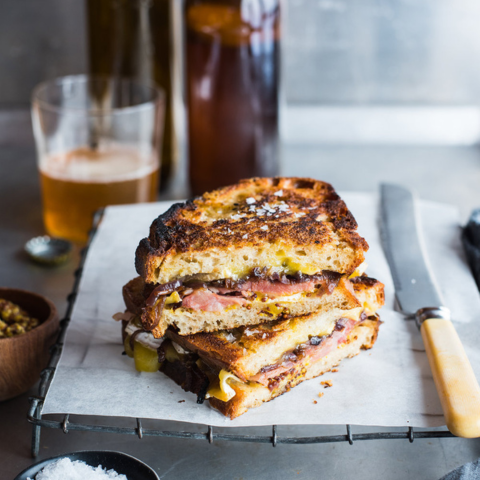 CARAMELISED ONION,  WAITAKI CAMEMBERT & HAM TOASTIES