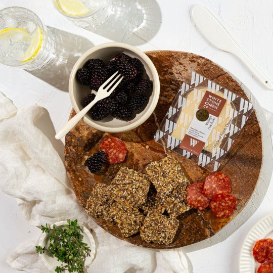 Vintage Five Forks in retail pack on platter with chirzo, seeded crackers and boysenberry